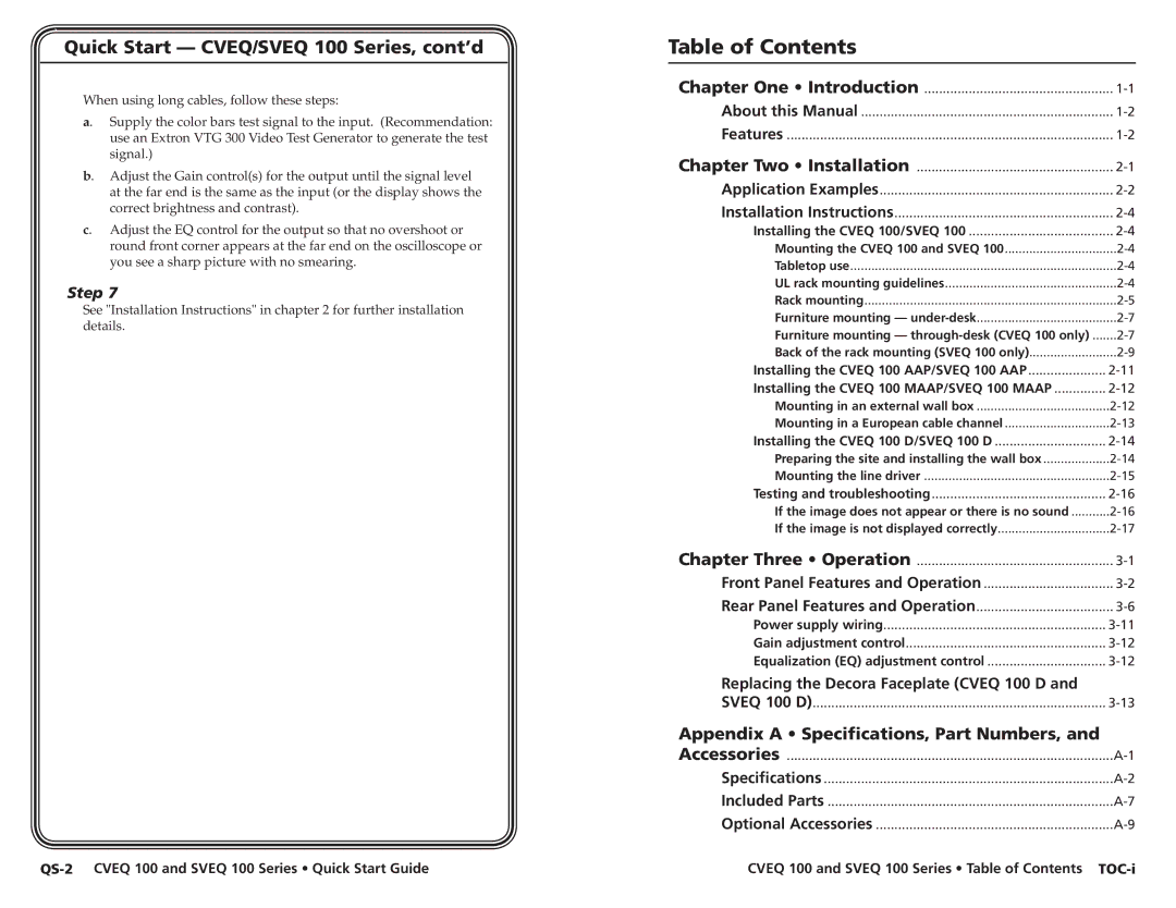 Extron electronic SVEQ 100 Series, CVEQ 100 Series, A-4, A-2, A-3 user manual Table of Contents 