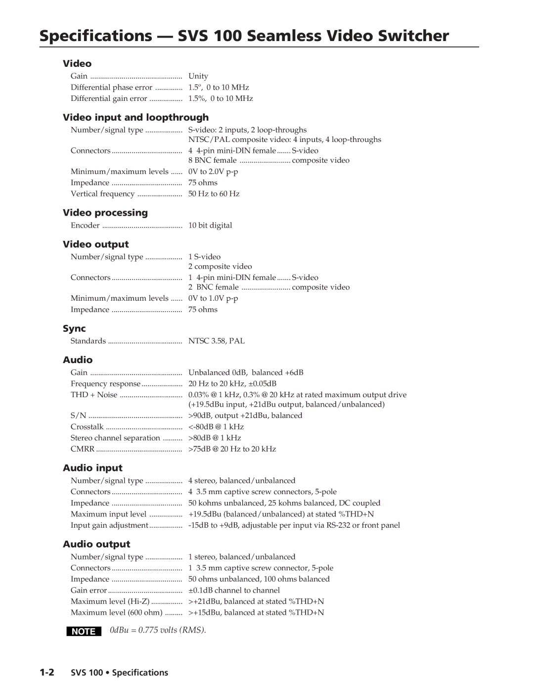 Extron electronic specifications Specifications SVS 100 Seamless Video Switcher 