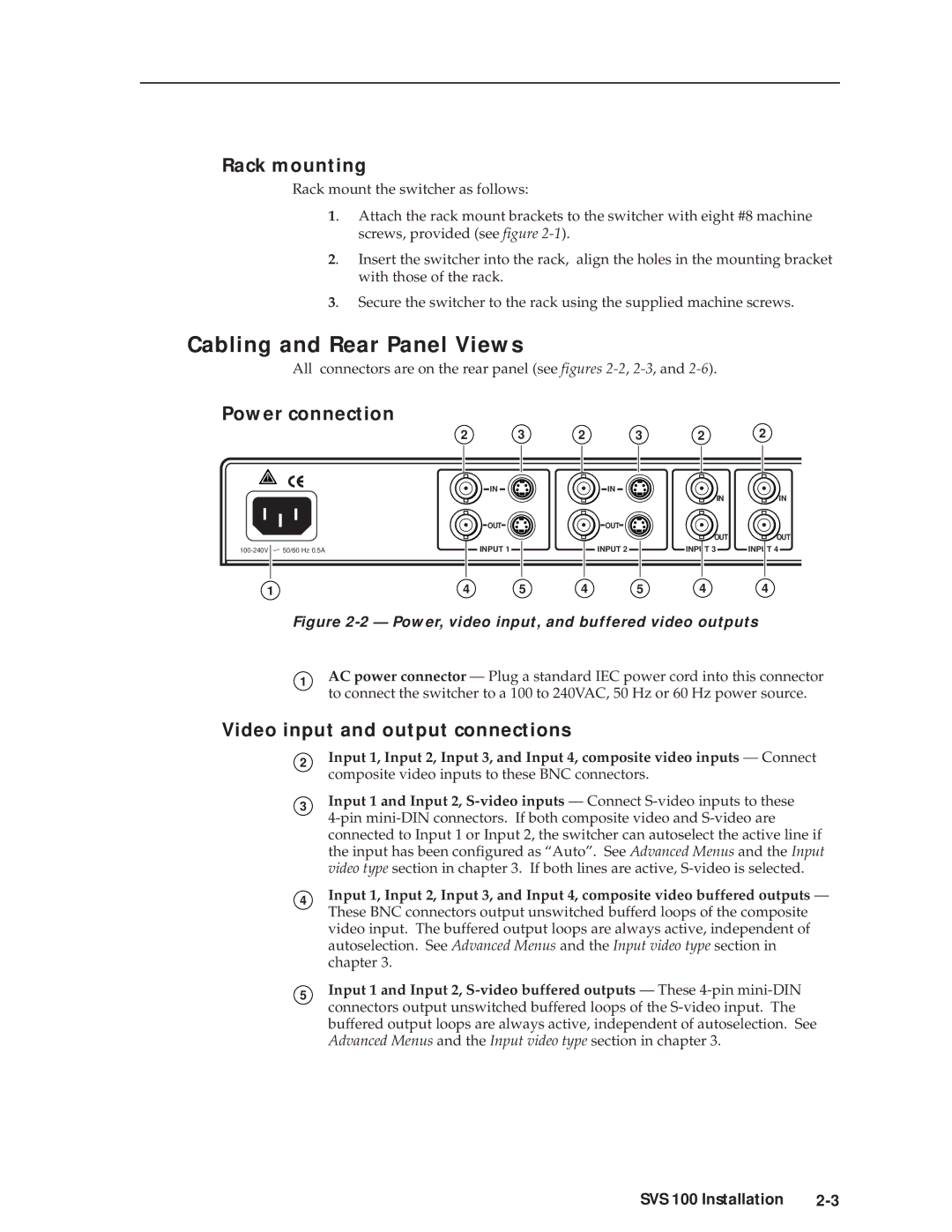 Extron electronic SVS 100 manual Cabling and Rear Panel Views, Rack mounting, Power connection 