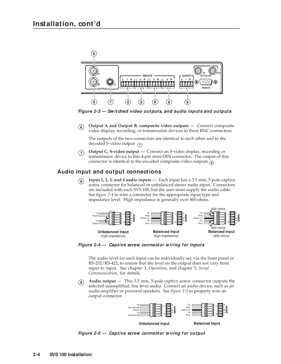 Extron electronic SVS 100 manual Installation, cont’d, Audio input and output connections 