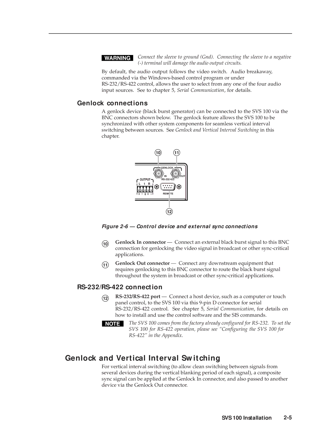 Extron electronic SVS 100 manual Genlock and Vertical Interval Switching, Genlock connections, RS-232/RS-422 connection 