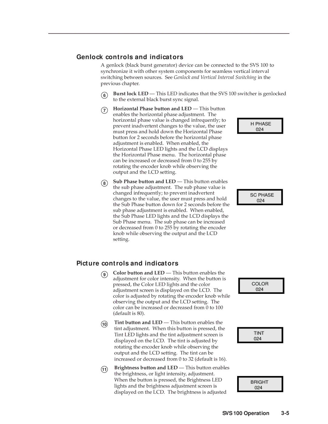 Extron electronic SVS 100 manual Genlock controls and indicators, Picture controls and indicators 