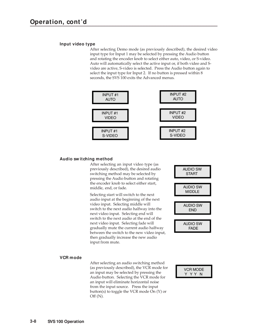 Extron electronic SVS 100 manual Input video type, Audio switching method, VCR mode 