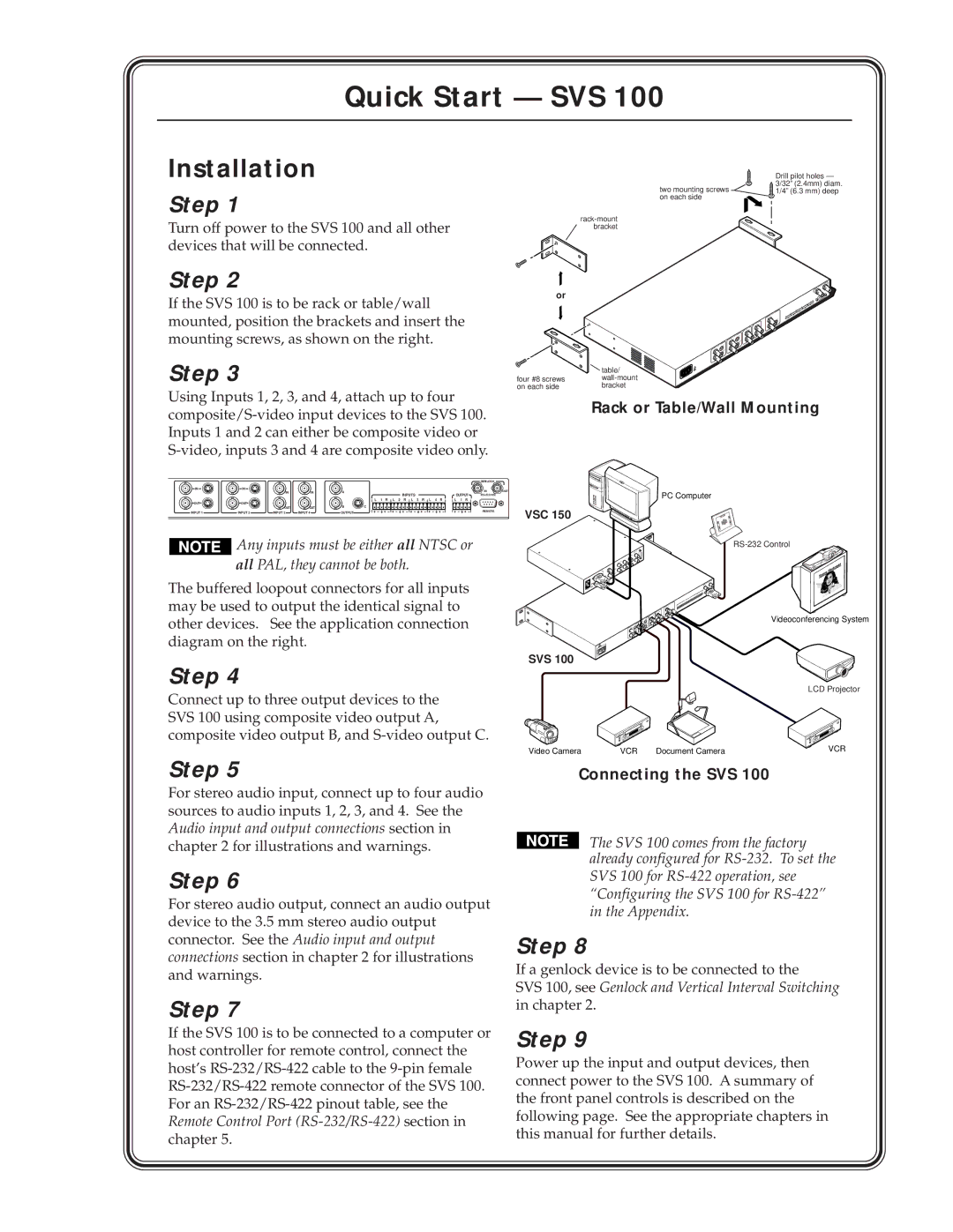 Extron electronic SVS 100 manual Quick Start SVS, Rack or Table/Wall Mounting, Connecting the SVS 