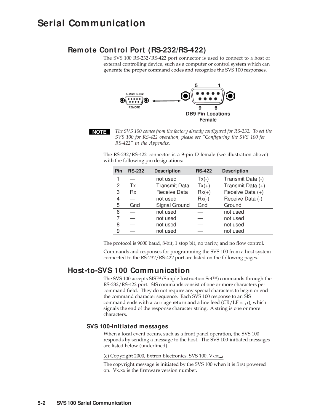 Extron electronic manual Serial Communication, Remote Control Port RS-232/RS-422, Host-to-SVS 100 Communication 