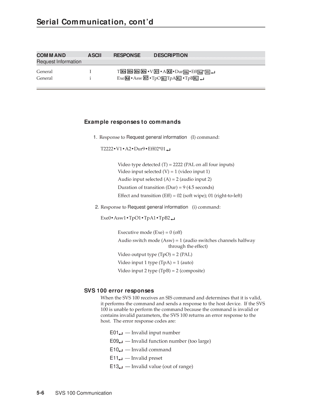 Extron electronic manual Example responses to commands, SVS 100 Communication 