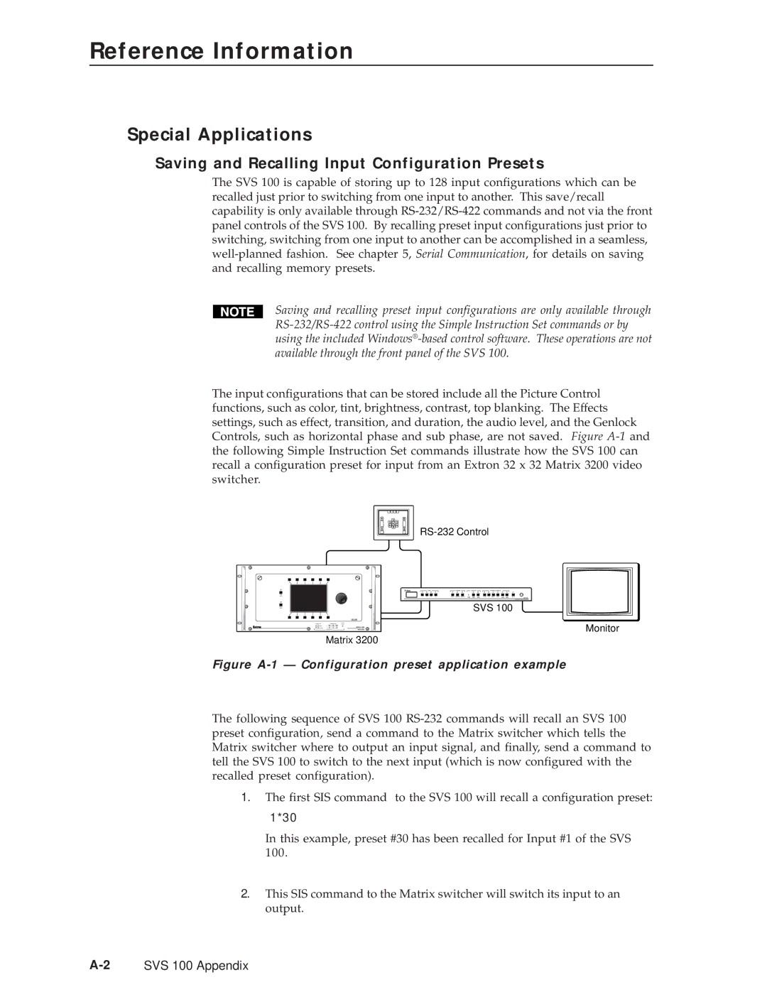 Extron electronic SVS 100 Reference Information, Special Applications, Saving and Recalling Input Configuration Presets 