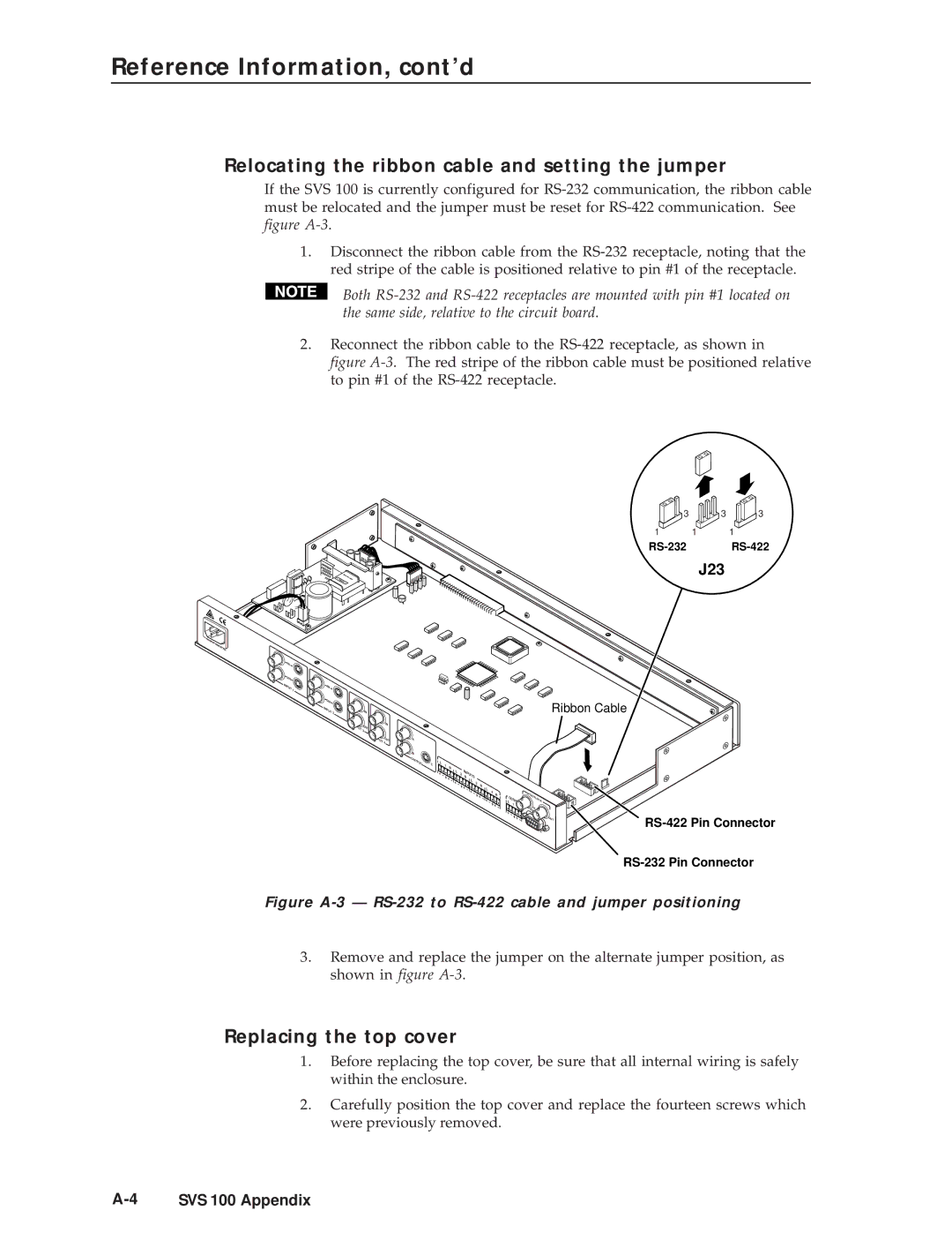 Extron electronic SVS 100 manual Relocating the ribbon cable and setting the jumper, Replacing the top cover 