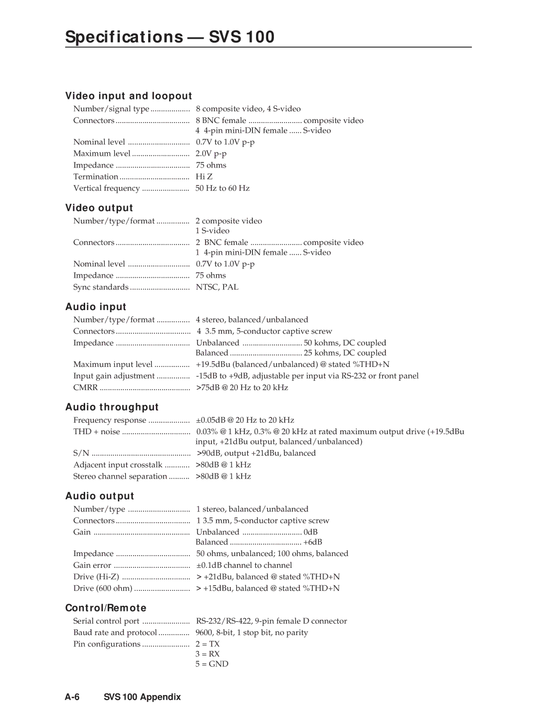 Extron electronic SVS 100 manual Specifications SVS, Video input and loopout 