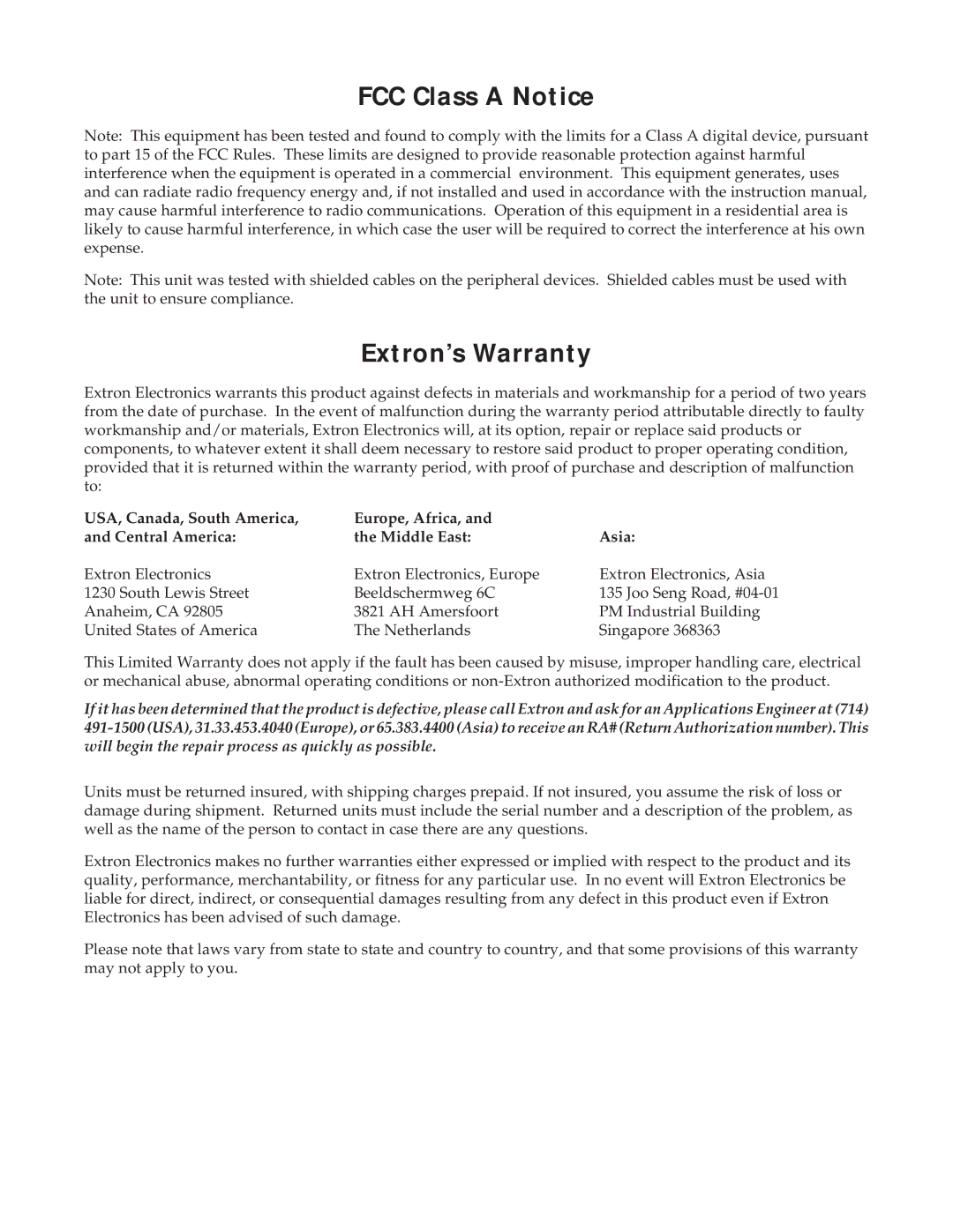 Extron electronic SVS 100 manual FCC Class a Notice Extron’s Warranty 