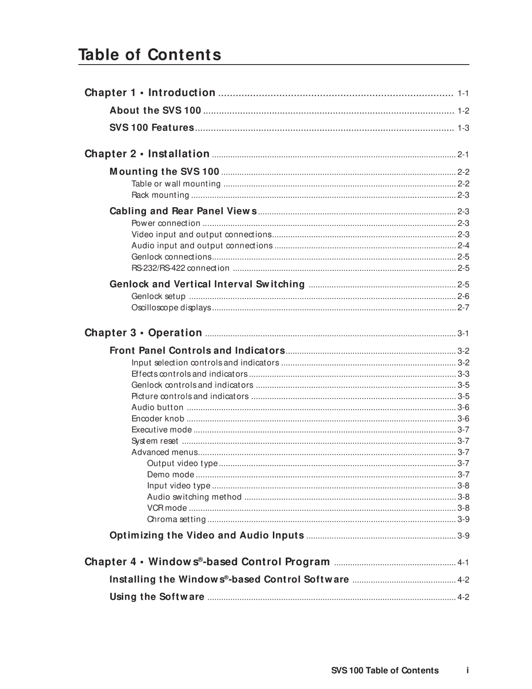 Extron electronic SVS 100 manual Table of Contents 