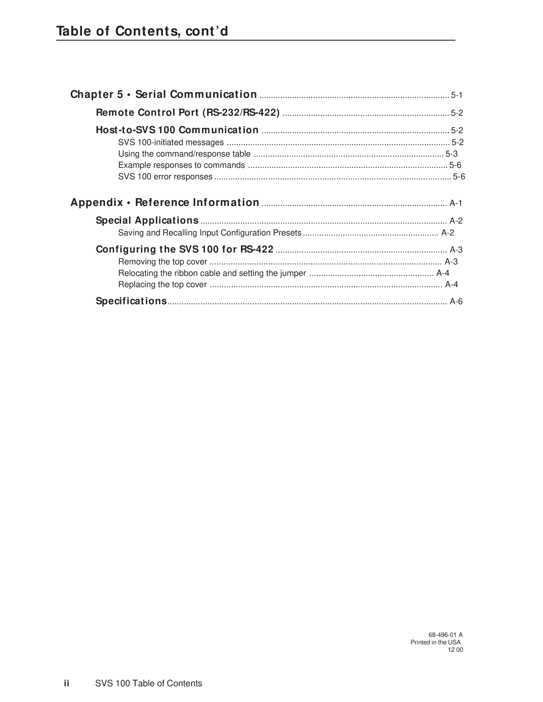 Extron electronic SVS 100 manual Table of Contents, cont’d 