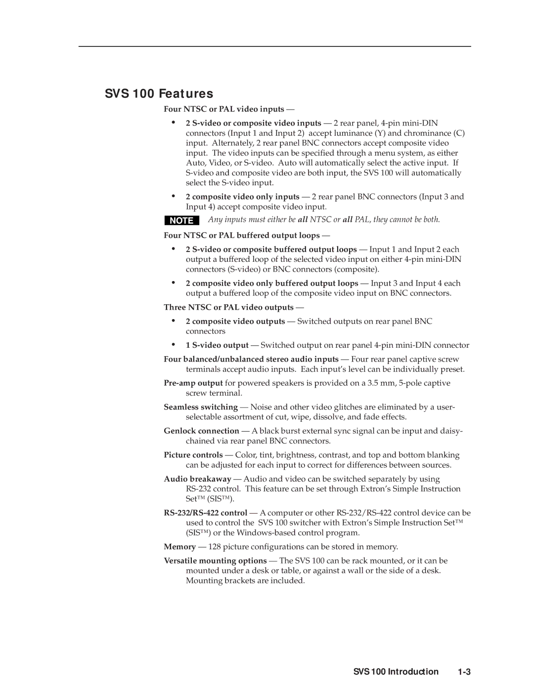 Extron electronic manual SVS 100 Features, Four Ntsc or PAL video inputs 