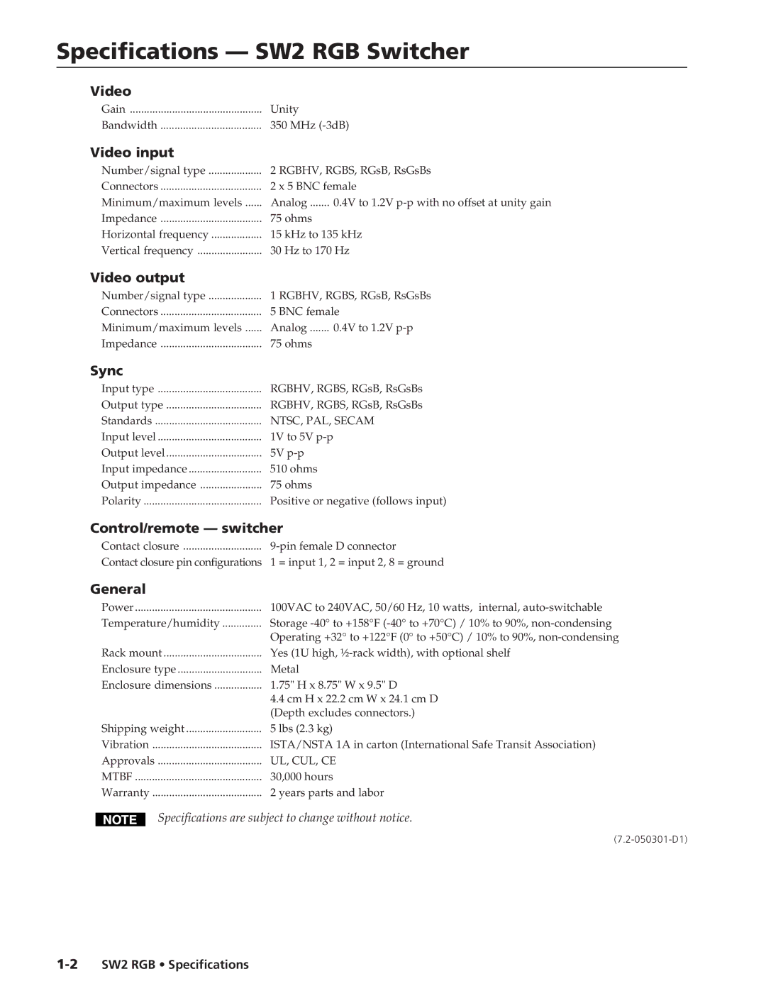 Extron electronic SW 2 RGB specifications Specifications SW2 RGB Switcher 