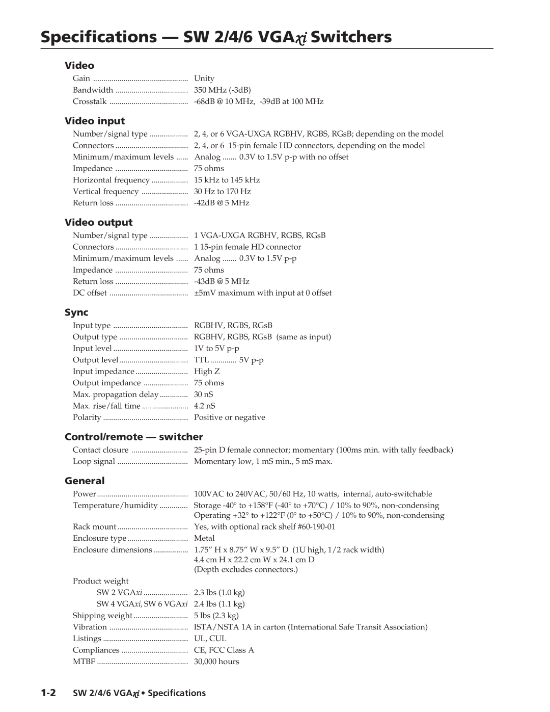 Extron electronic specifications Specifications SW 2/4/6 VGAxi Switchers 