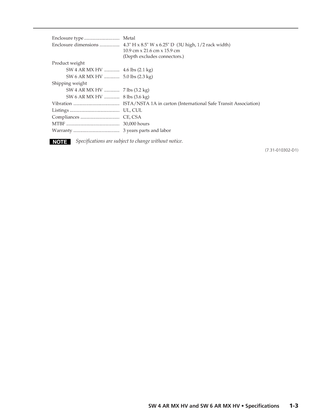 Extron electronic specifications SW 4 AR MX HV and SW 6 AR MX HV Specifications, Ul, Cul, Ce, Csa 