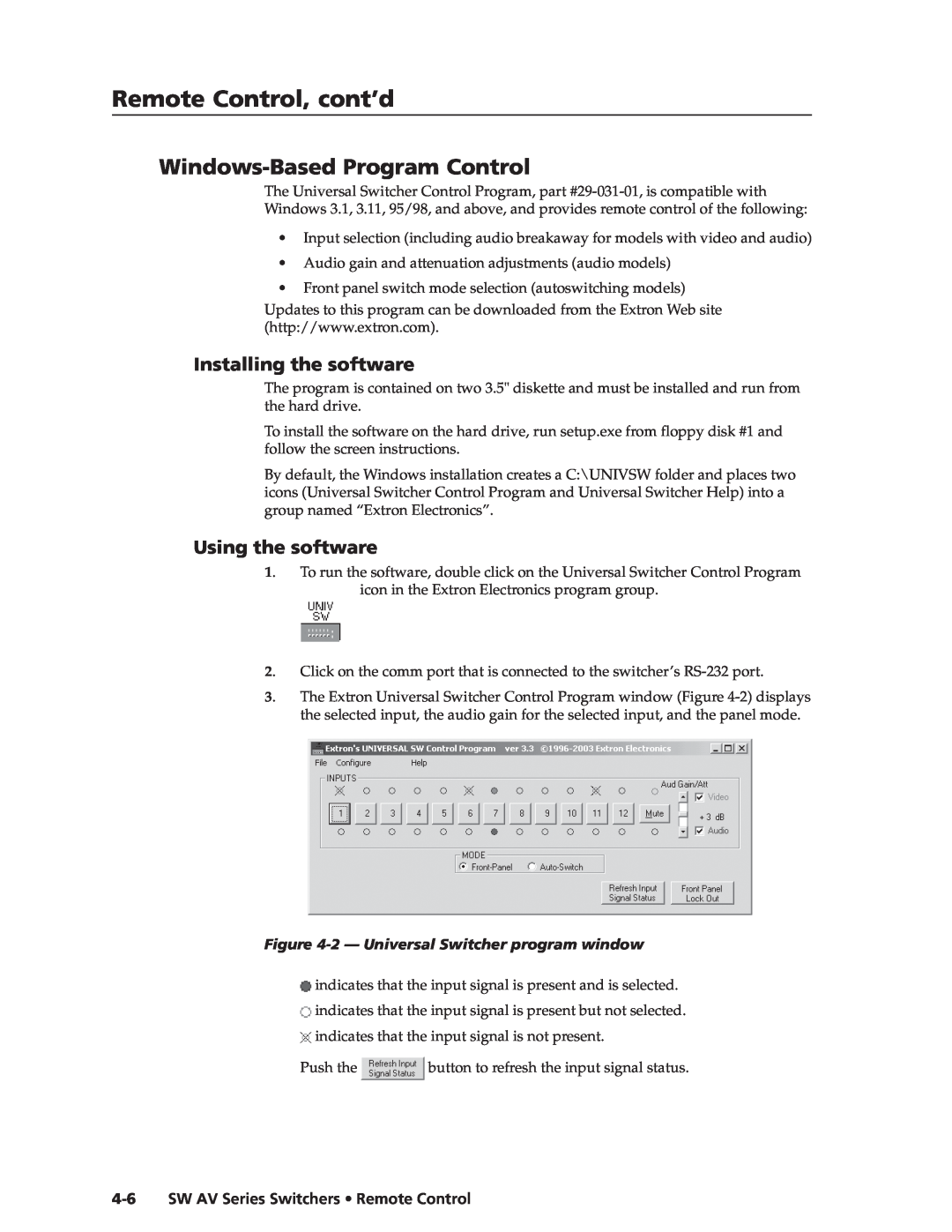 Extron electronic SW AV Windows-Based Program Control, Installing the software, Using the software, Remote Control, cont’d 