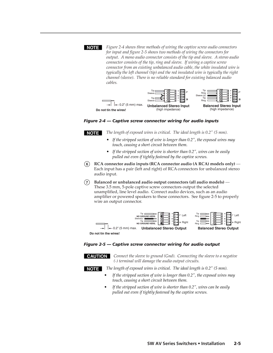 Extron electronic SW AV manual Captive screw connector wiring for audio inputs 