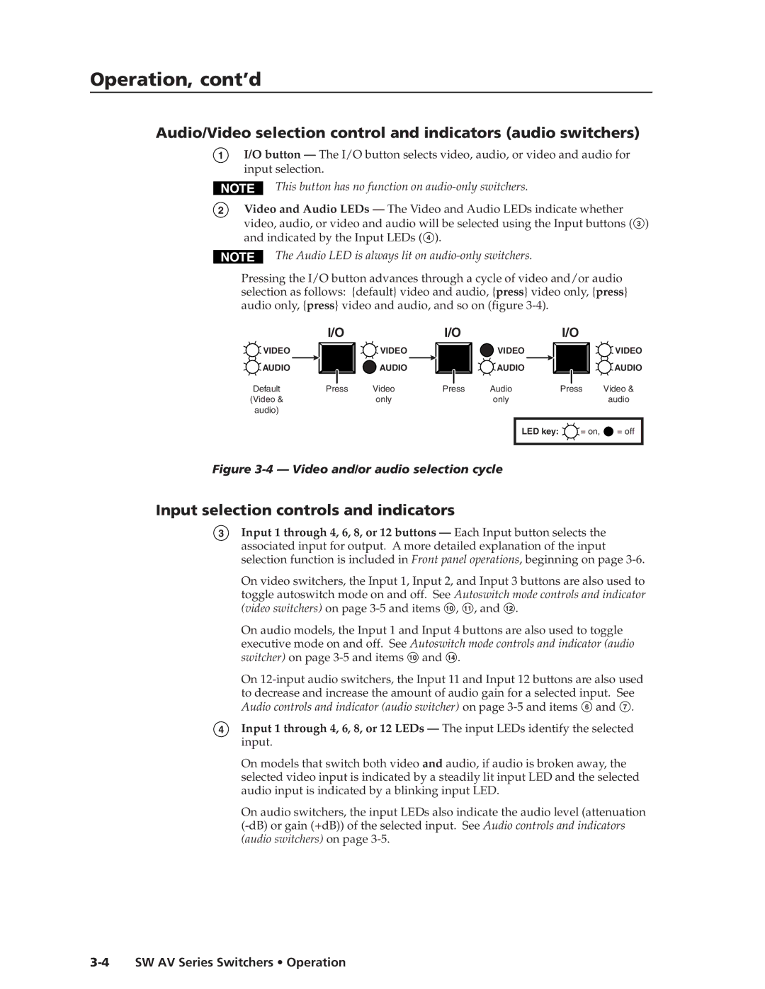 Extron electronic SW AV manual Operation, cont’d, Input selection controls and indicators 