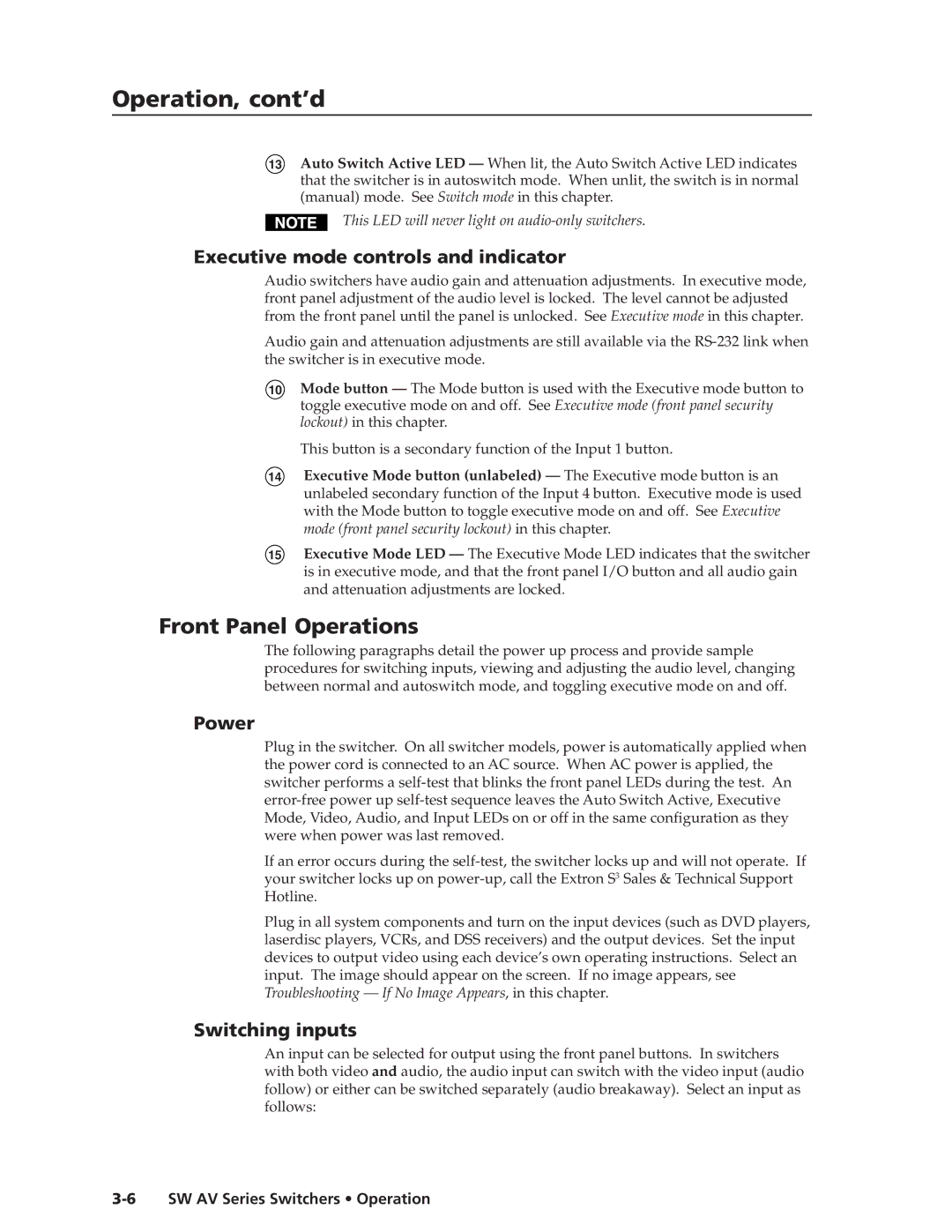 Extron electronic SW AV manual Front Panel Operations, Executive mode controls and indicator, Power, Switching inputs 