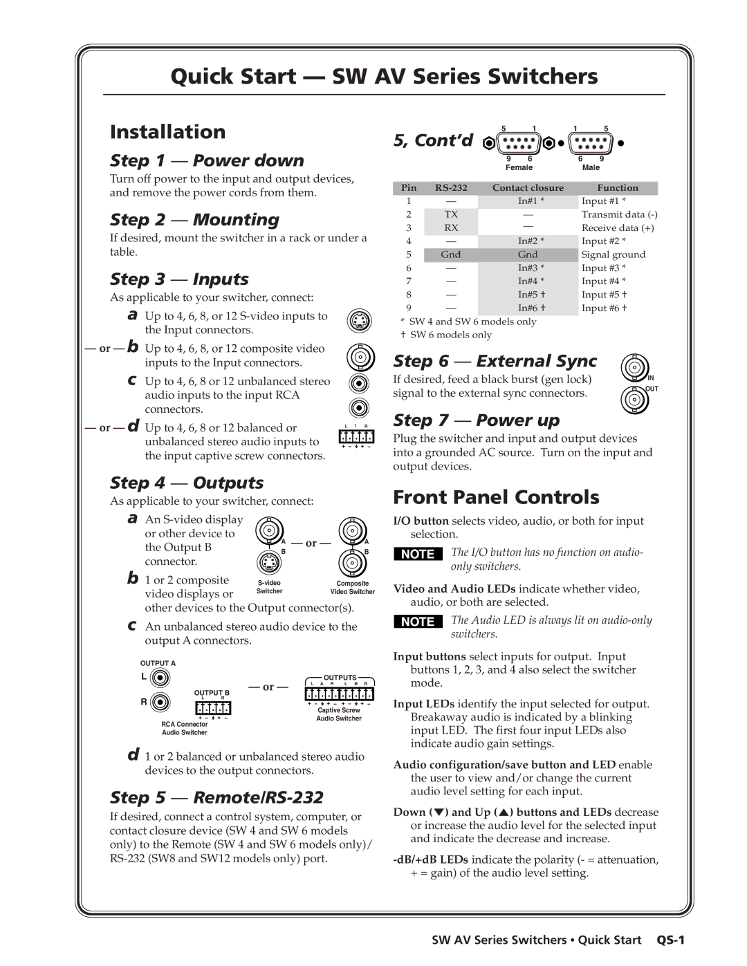 Extron electronic manual Quick Start SW AV Series Switchers, SW AV Series Switchers Quick Start QS-1 