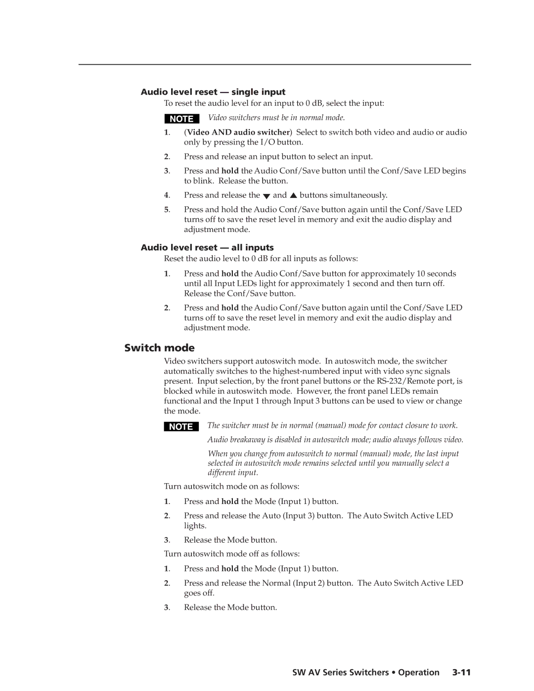 Extron electronic SW AV manual Switch mode, Audio level reset single input, Audio level reset all inputs 