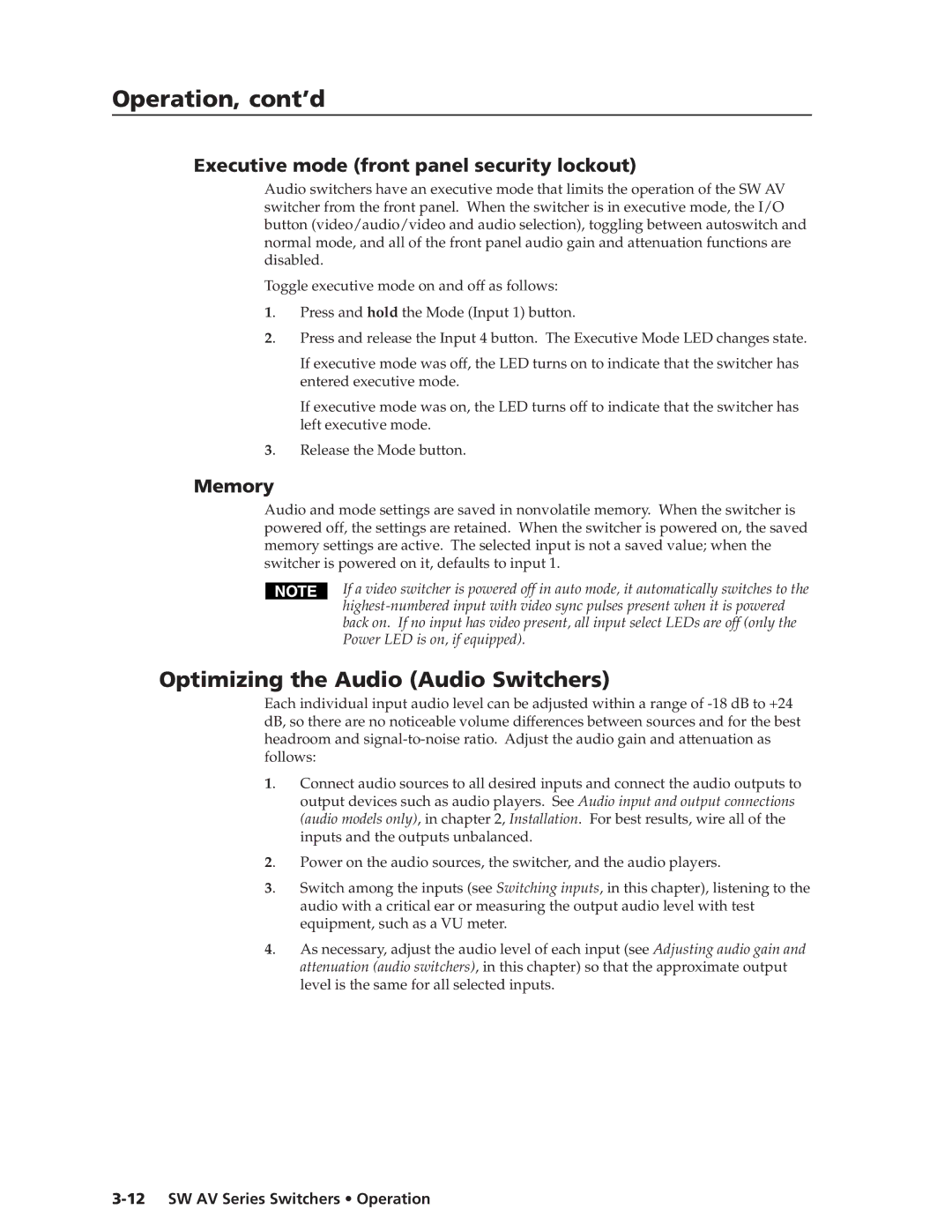 Extron electronic SW AV manual Optimizing the Audio Audio Switchers, Executive mode front panel security lockout, Memory 