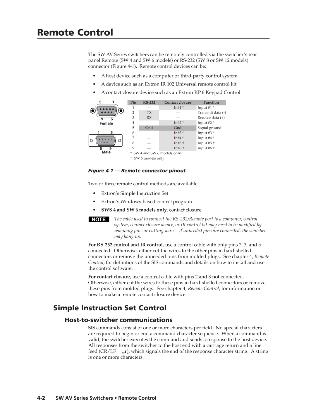 Extron electronic SW AV manual RemoteControl,cont’d, Simple Instruction Set Control, Host-to-switcher communications 