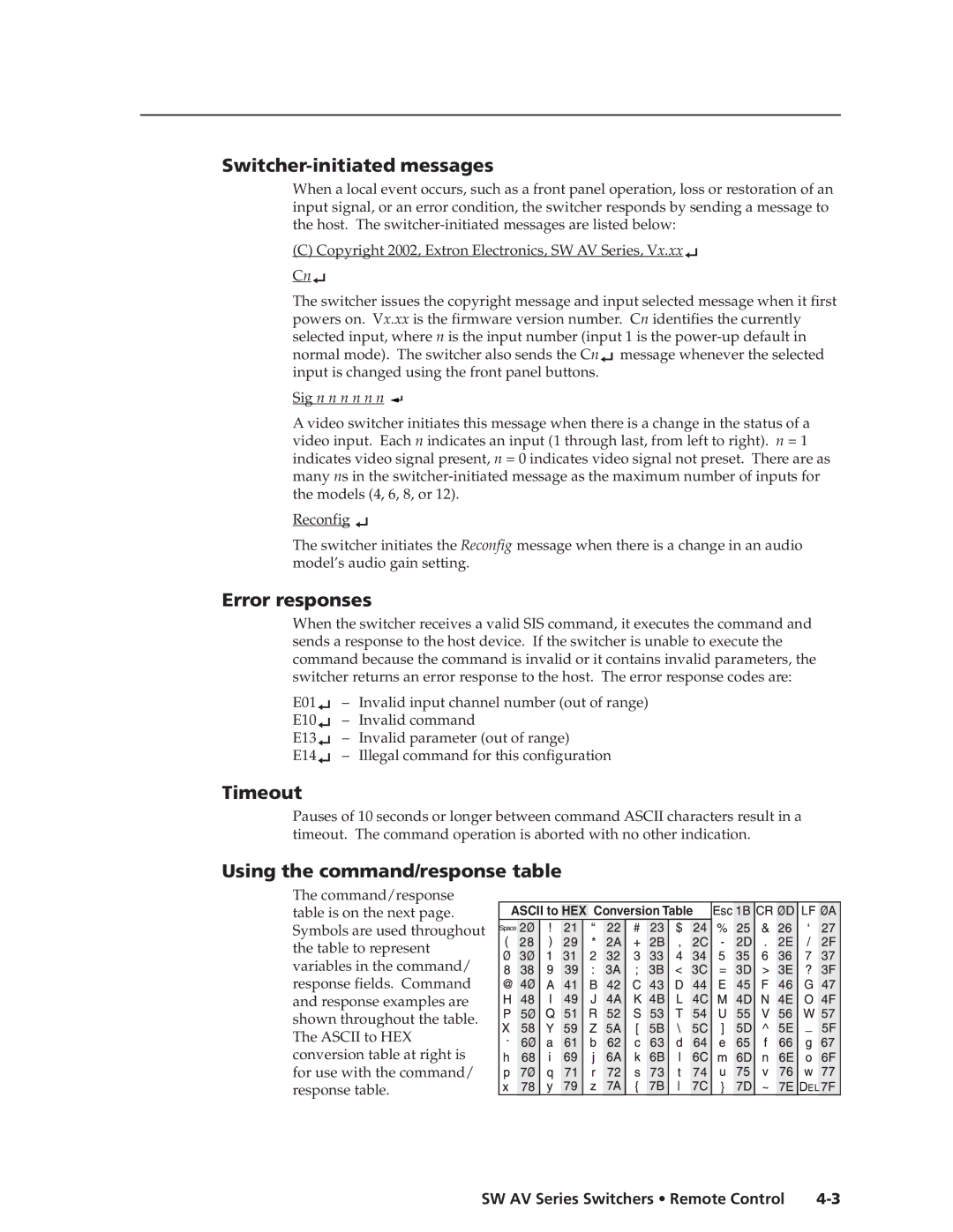 Extron electronic SW AV manual Switcher-initiated messages, Error responses, Timeout, Using the command/response table 