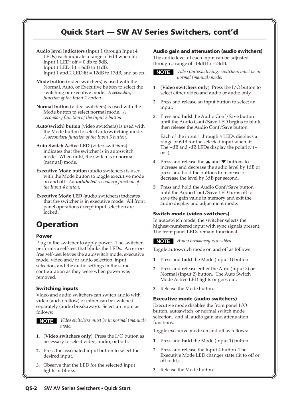 Extron electronic manual Quick Start SW AV Series Switchers, cont’d 