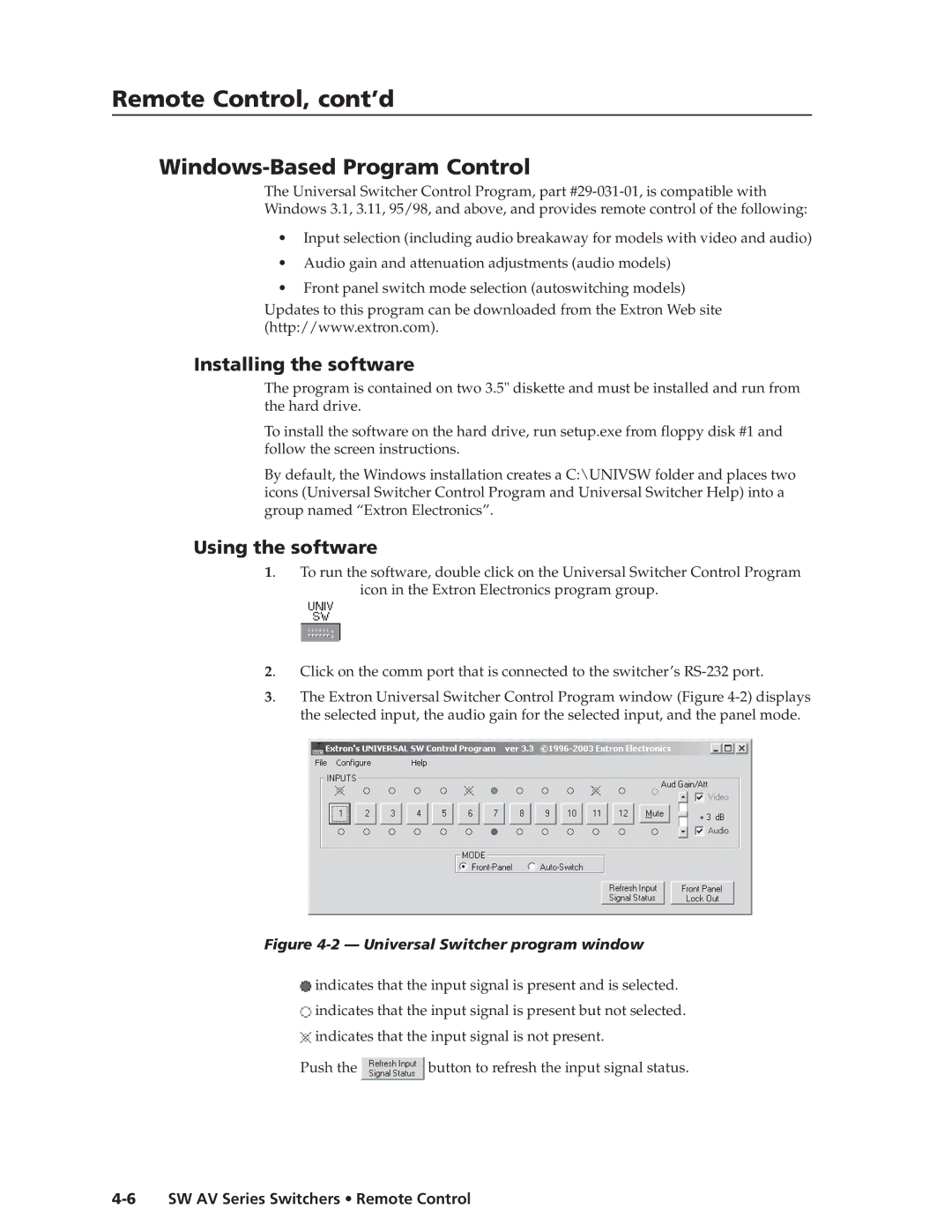 Extron electronic SW AV manual Windows-Based Program Control, Installing the software, Using the software 