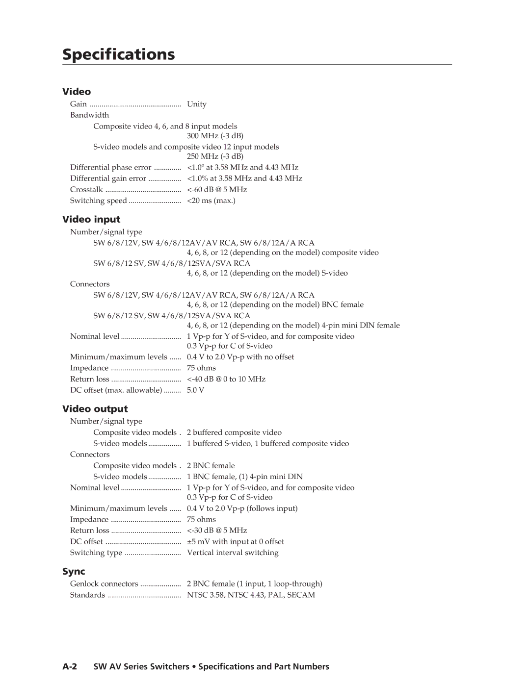 Extron electronic manual Specificationsecifications, cont’d, SW AV Series Switchers Specifications and Part Numbers 