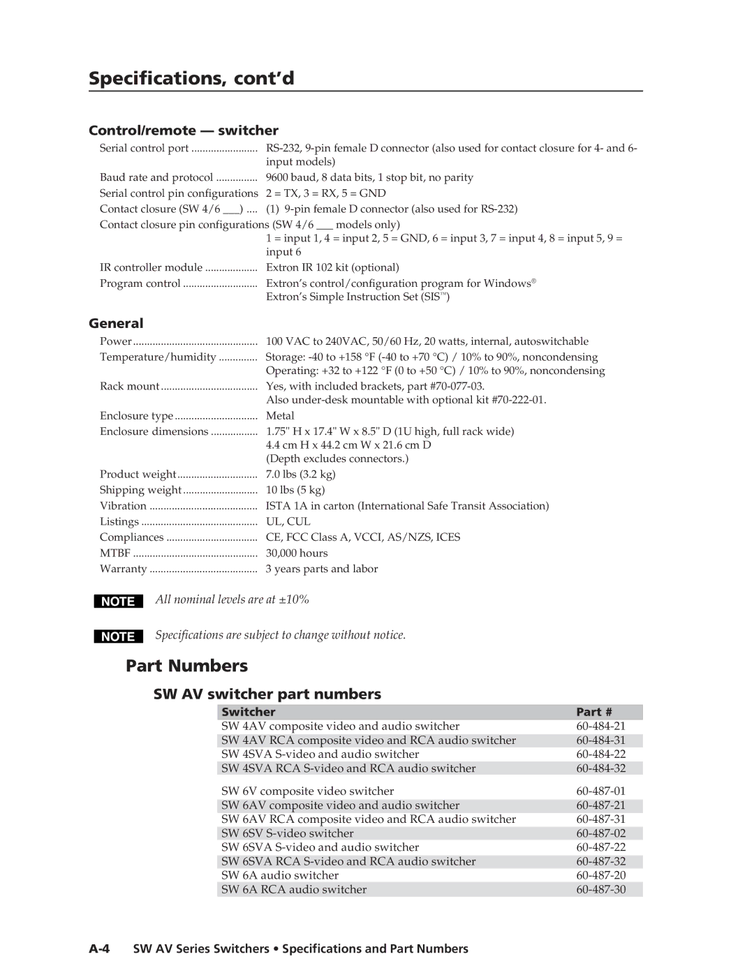 Extron electronic SW AV manual Specifications, cont’d, Control/remote switcher 