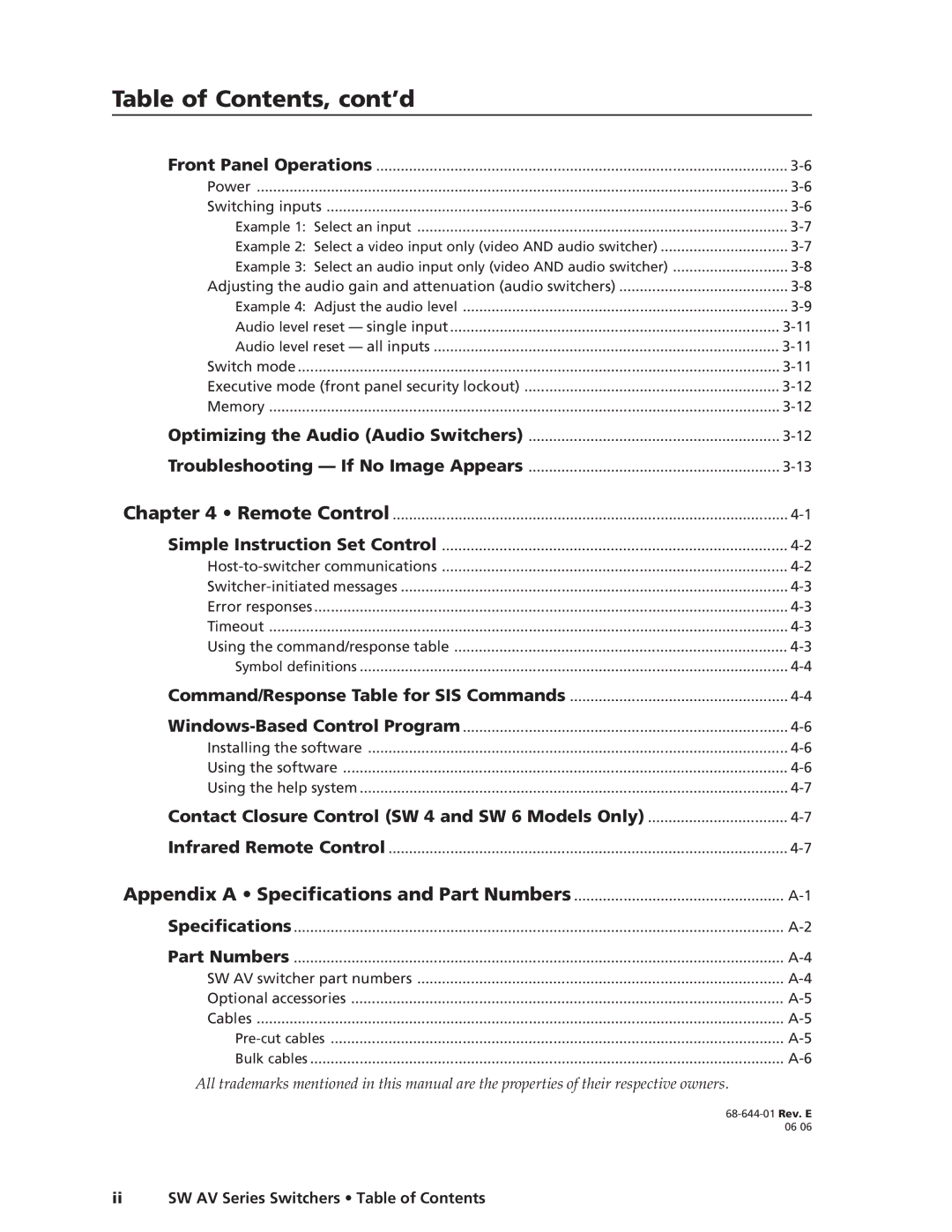 Extron electronic SW AV manual Table of Contents, cont’d 