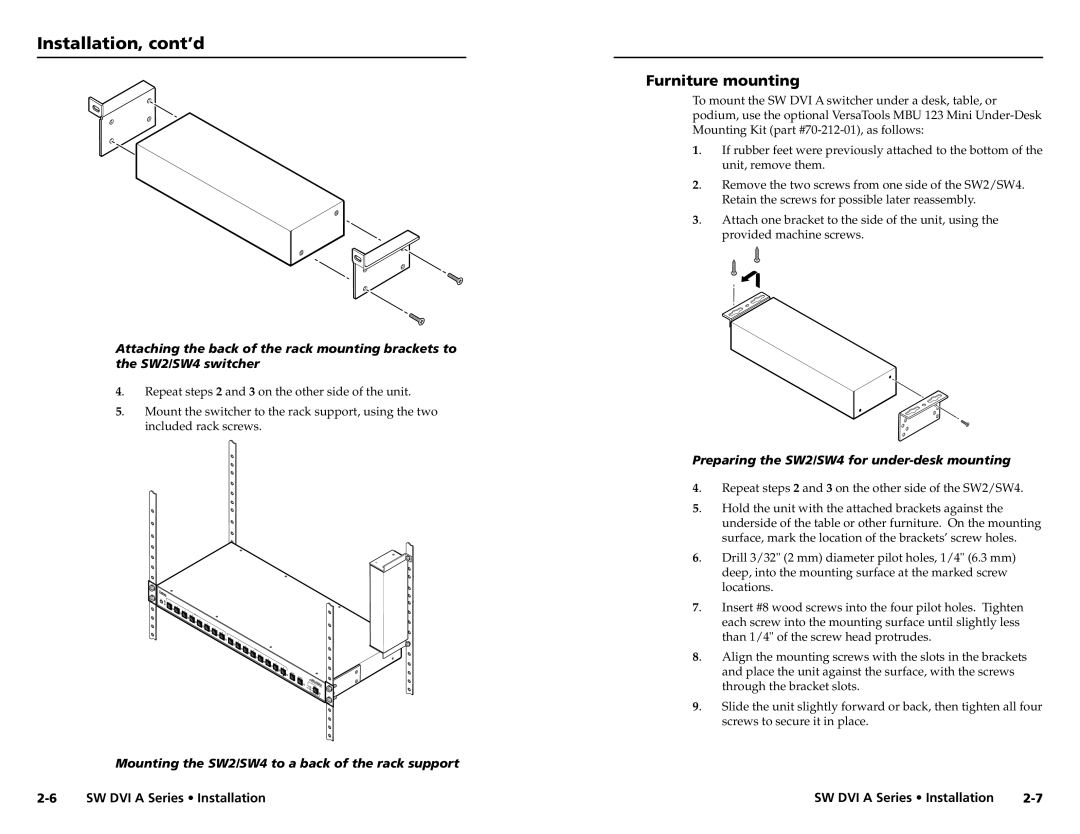 Extron electronic SW DVI A Series user manual Furniture mounting, Preparing the SW2/SW4 for under-desk mounting 