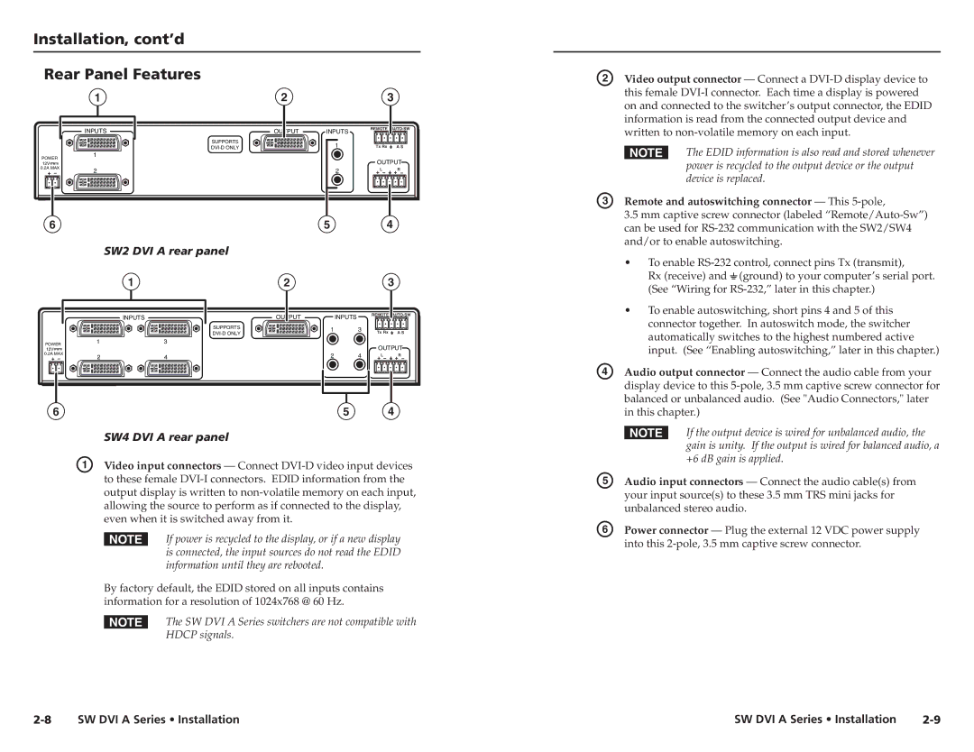 Extron electronic SW DVI A Series user manual Installation, cont’d Rear Panel Features, SW2 DVI a rear panel 