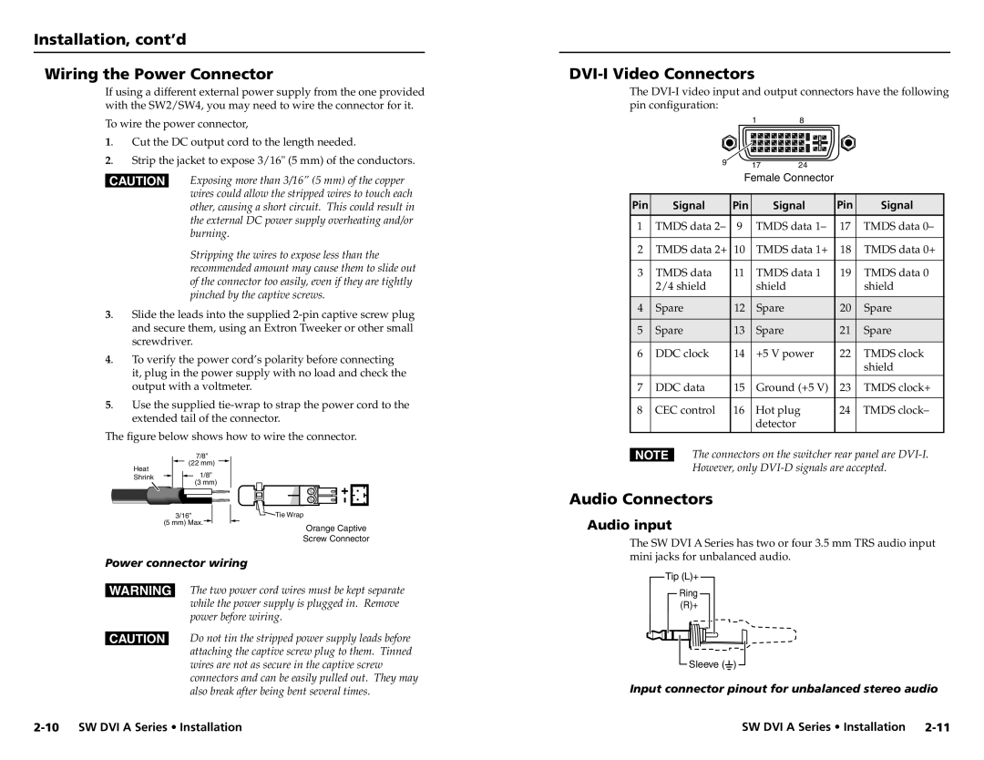 Extron electronic SW DVI A Series Installation, cont’d Wiring the Power Connector, DVI-I Video Connectors, Audio input 