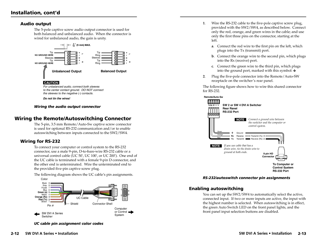 Extron electronic SW DVI A Series user manual Wiring the Remote/Autoswitching Connector, Audio output, Wiring for RS-232 