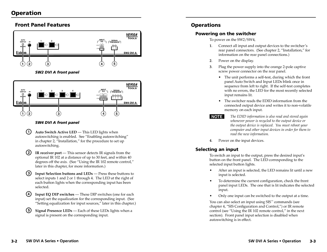 Extron electronic SW DVI A Series Front Panel Features, Operations, Powering on the switcher, Selecting an input 