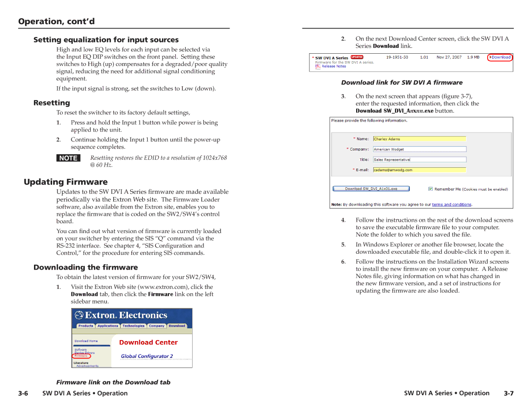 Extron electronic SW DVI A Series user manual Updating Firmware, Setting equalization for input sources, Resetting 