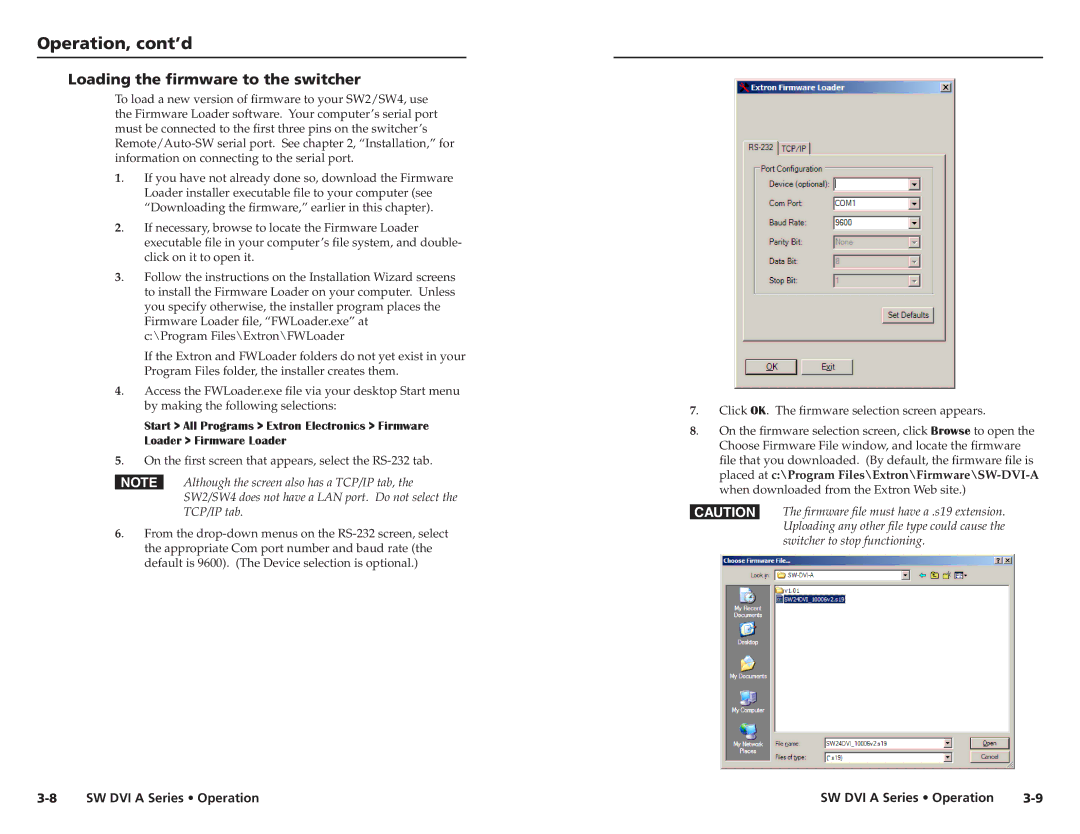 Extron electronic SW DVI A Series user manual Loading the firmware to the switcher 