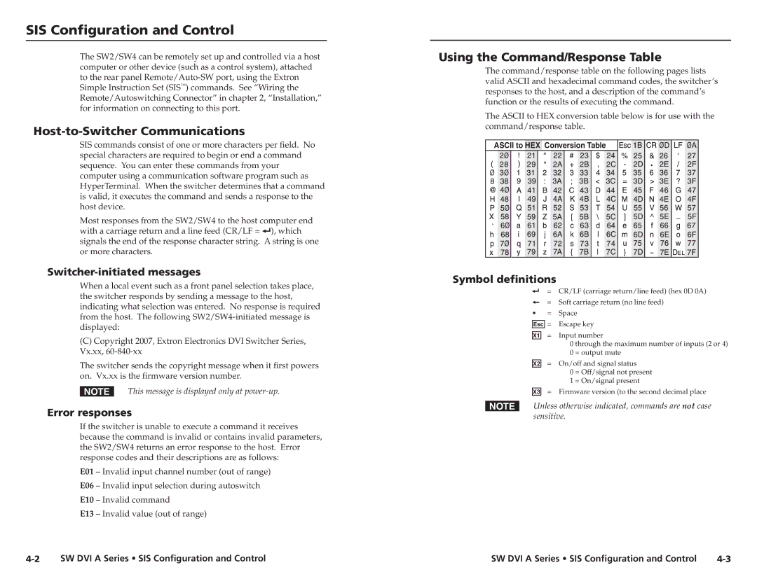 Extron electronic SW DVI A Series user manual SIS Configuration and Control, Host-to-Switcher Communications 