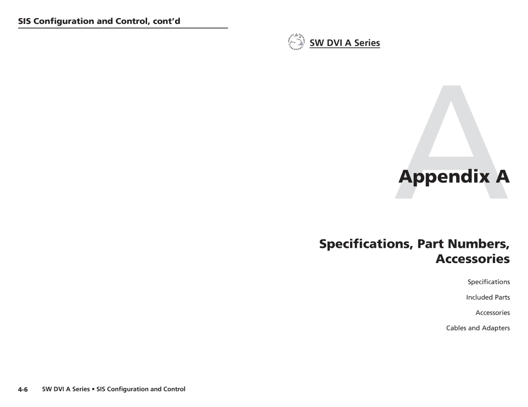 Extron electronic SW DVI A Series Specifications, Part Numbers Accessories, SIS Configuration and Control, cont’d 