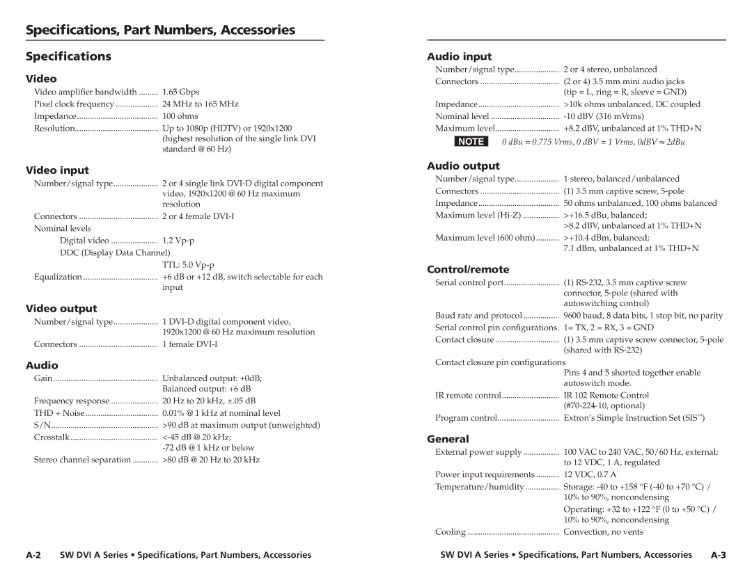 Extron electronic SW DVI A Series user manual Specifications, Part Numbers, Accessories 