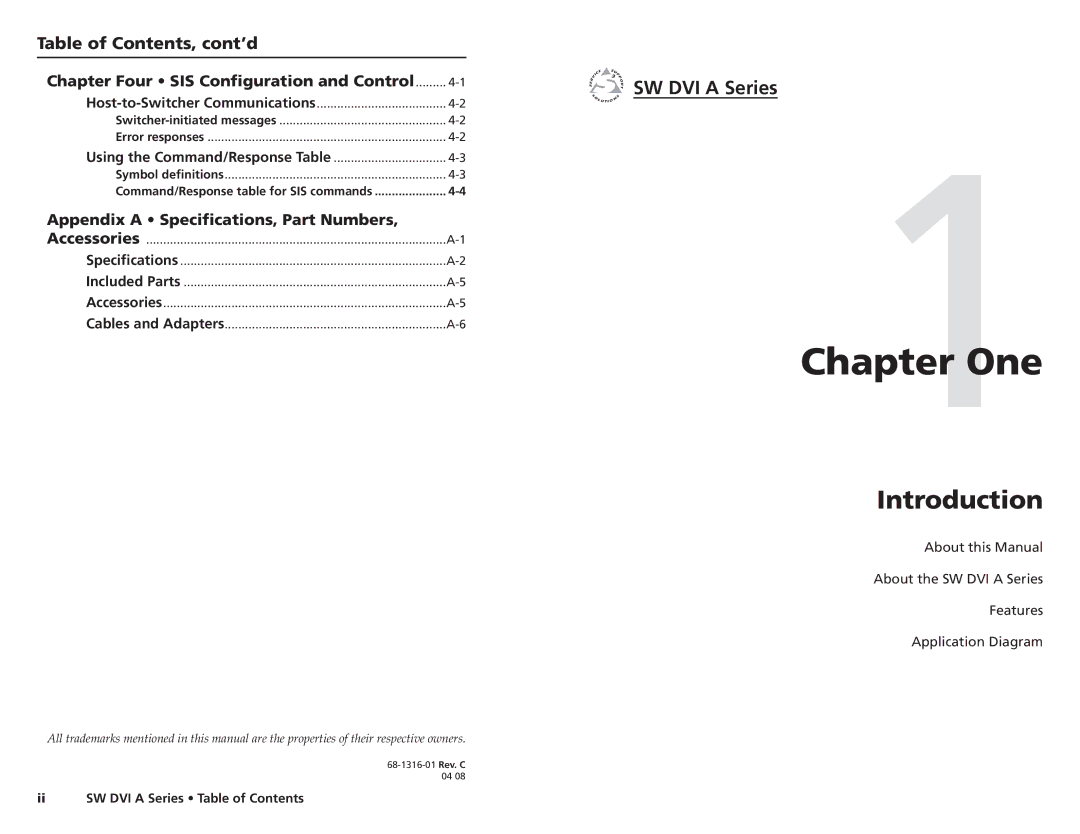 Extron electronic SW DVI A Series user manual Introduction, SW DVI a Series, Table of Contents, cont’d 