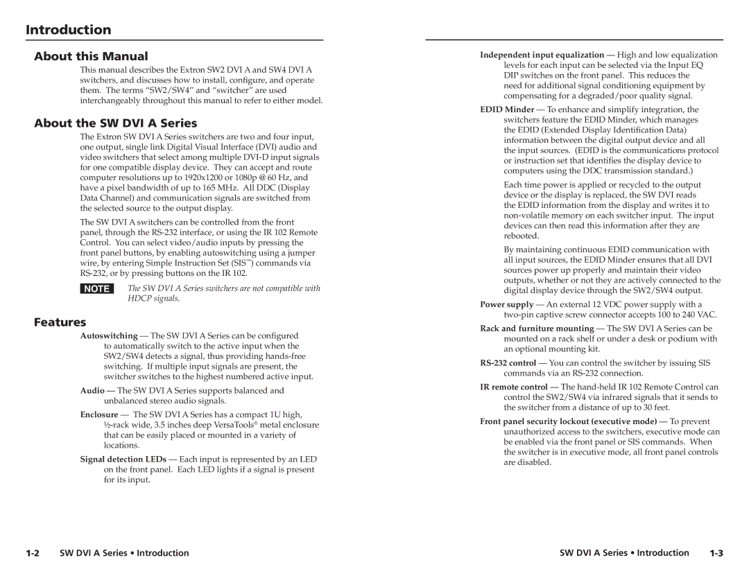 Extron electronic SW DVI A Series user manual Introduction, About this Manual, About the SW DVI a Series, Features 