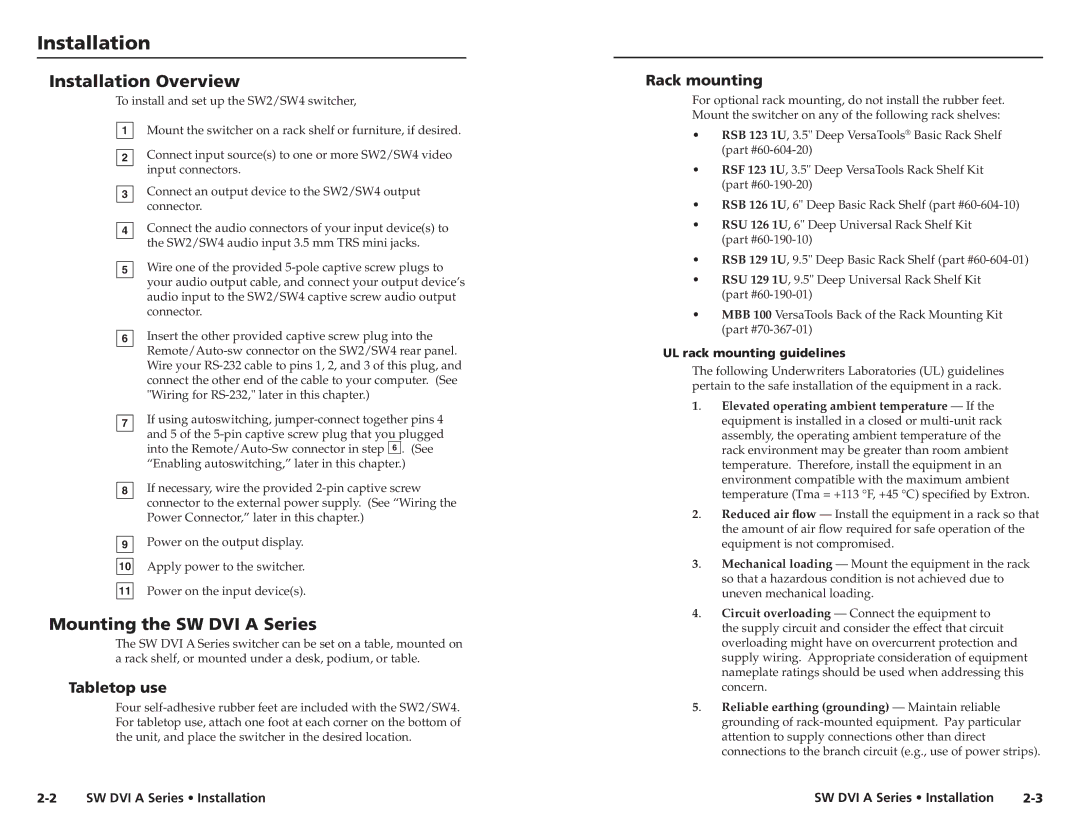 Extron electronic SW DVI A Series Installation Overview, Mounting the SW DVI a Series, Tabletop use, Rack mounting 