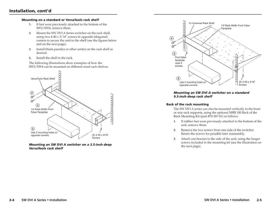 Extron electronic SW DVI A Series user manual Installation, cont’d, Back of the rack mounting 