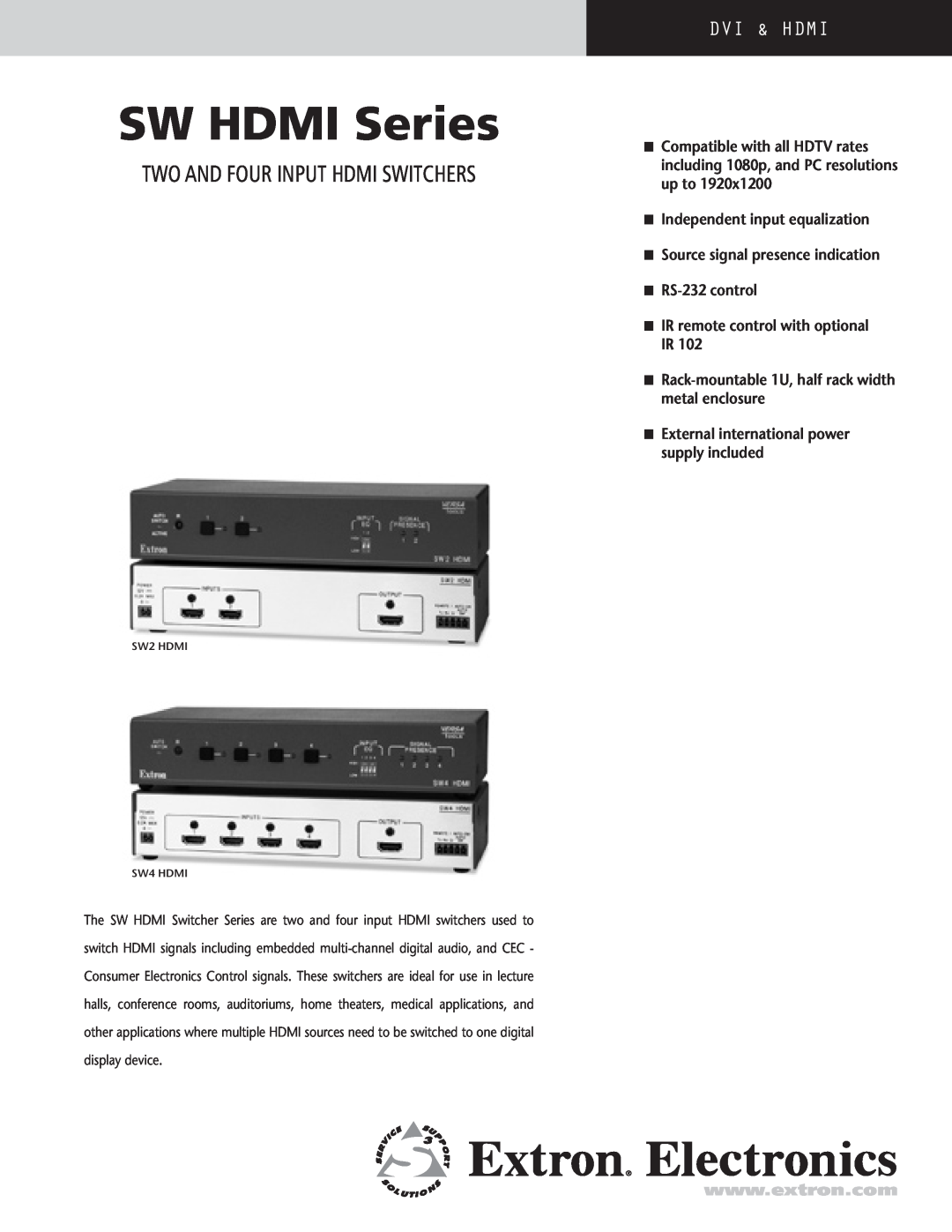 Extron electronic SW HDMI Series manual Two and four input HDMI Switchers, Dvi & Hdmi 