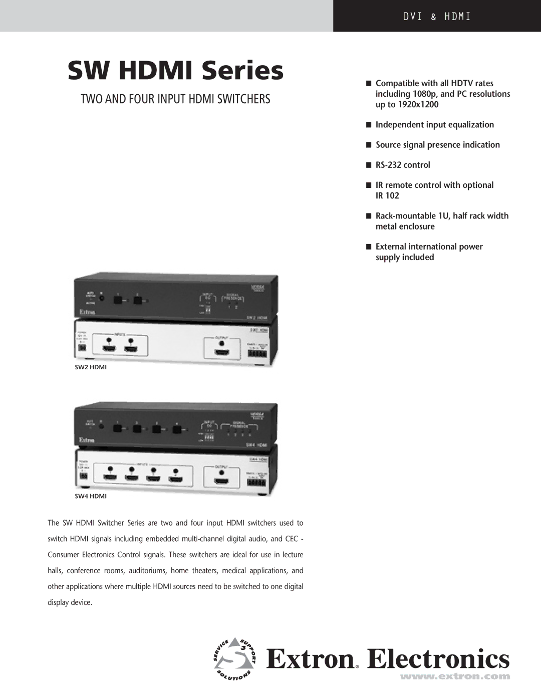 Extron electronic SW HDMI Series manual SW Hdmi Series, Two and four input Hdmi Switchers 